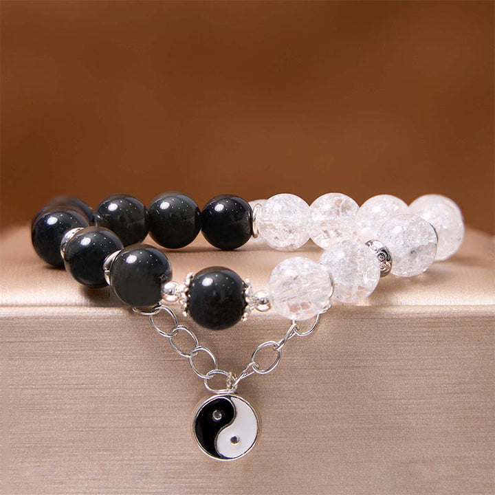 Buddha Stonesシルバーシーンオブシディアンクラックルクリアクォーツ ブラックルチルクォーツ 陰陽蓮華守護ブレスレット