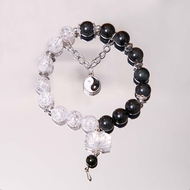 Buddha Stonesシルバーシーンオブシディアンクラックルクリアクォーツ ブラックルチルクォーツ 陰陽蓮華守護ブレスレット