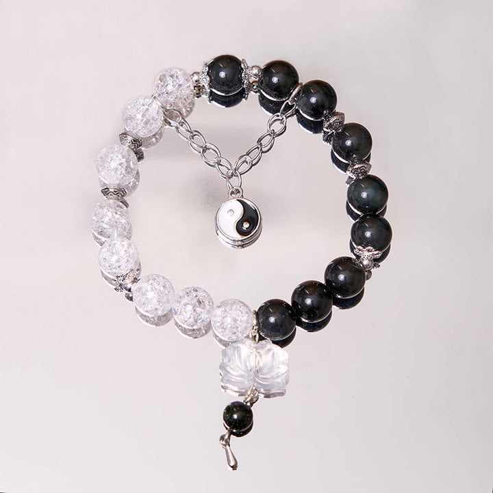 Buddha Stonesシルバーシーンオブシディアンクラックルクリアクォーツ ブラックルチルクォーツ 陰陽蓮華守護ブレスレット