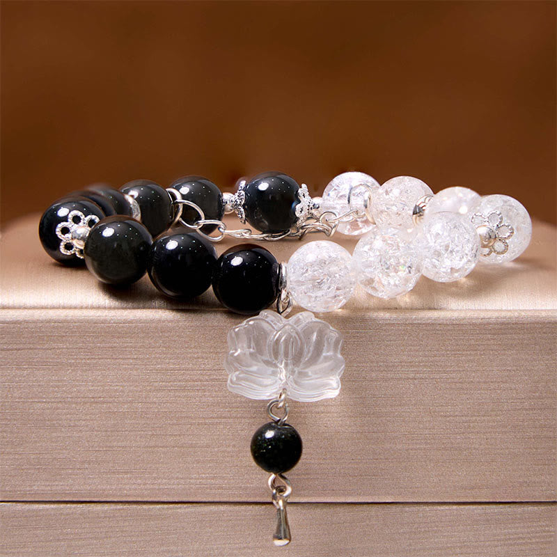 Buddha Stonesシルバーシーンオブシディアンクラックルクリアクォーツ ブラックルチルクォーツ 陰陽蓮華守護ブレスレット