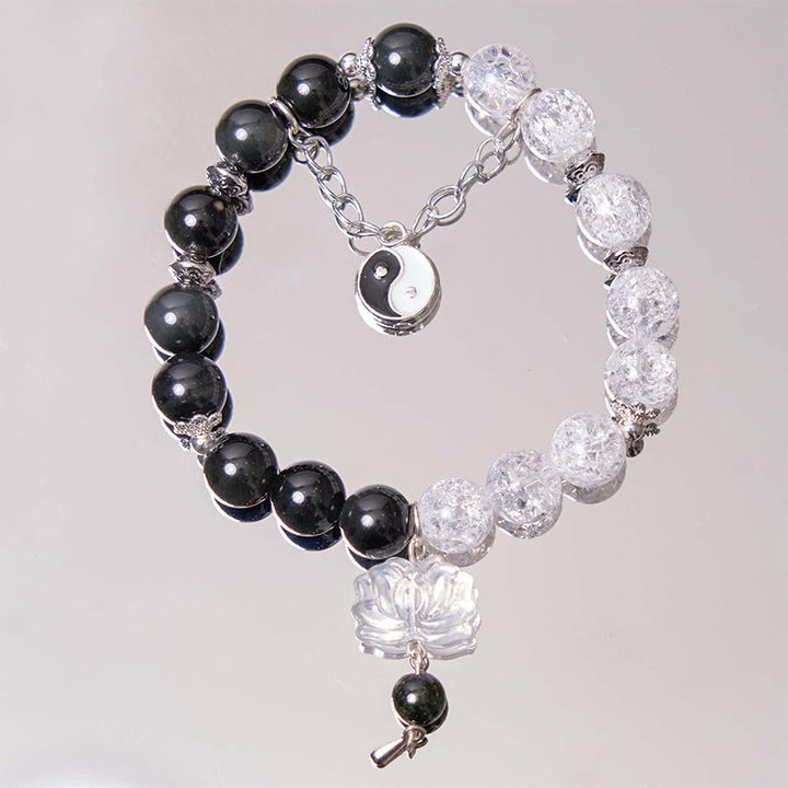Buddha Stonesシルバーシーンオブシディアンクラックルクリアクォーツ ブラックルチルクォーツ 陰陽蓮華守護ブレスレット