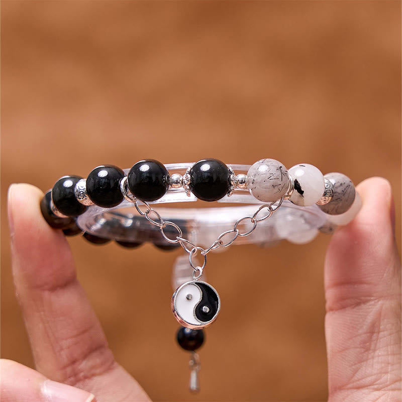 Buddha Stonesシルバーシーンオブシディアンクラックルクリアクォーツ ブラックルチルクォーツ 陰陽蓮華守護ブレスレット
