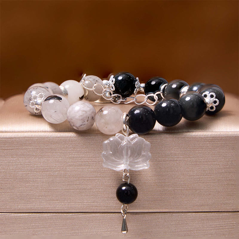 Buddha Stonesシルバーシーンオブシディアンクラックルクリアクォーツ ブラックルチルクォーツ 陰陽蓮華守護ブレスレット