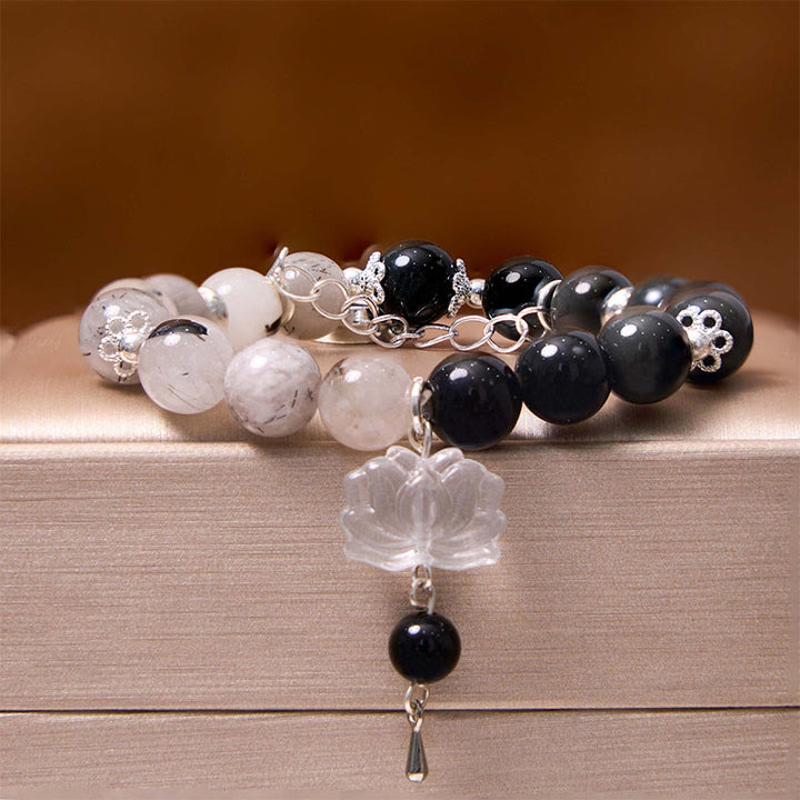 Buddha Stonesシルバーシーンオブシディアンクラックルクリアクォーツ ブラックルチルクォーツ 陰陽蓮華守護ブレスレット