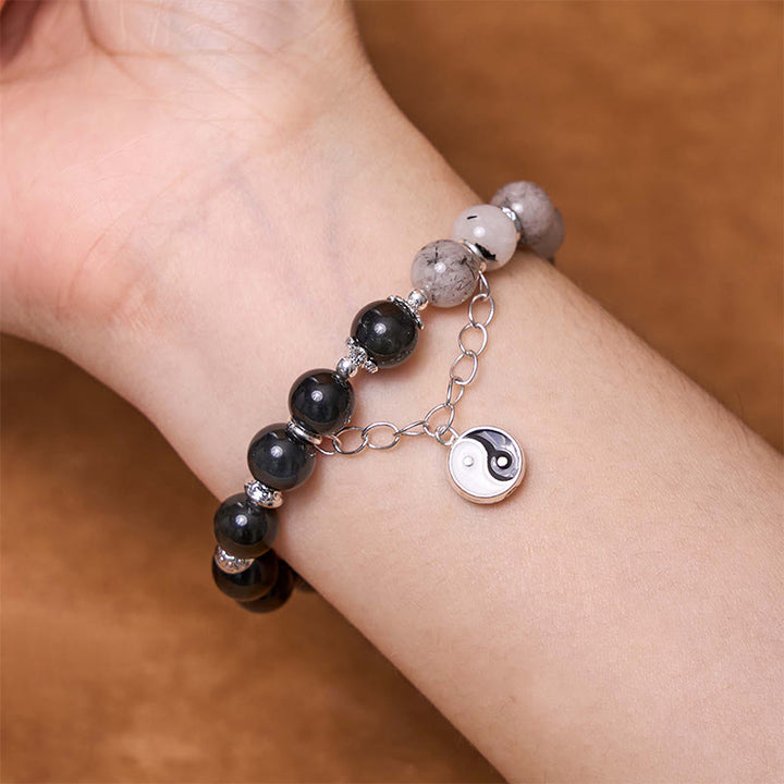 Buddha Stonesシルバーシーンオブシディアンクラックルクリアクォーツ ブラックルチルクォーツ 陰陽蓮華守護ブレスレット