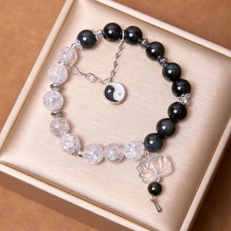 Buddha Stonesシルバーシーンオブシディアンクラックルクリアクォーツ ブラックルチルクォーツ 陰陽蓮華守護ブレスレット