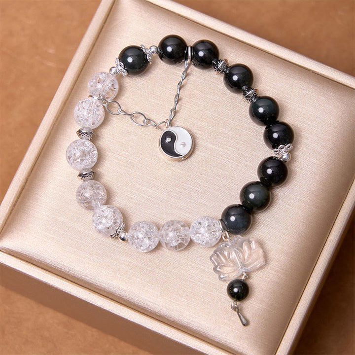 Buddha Stonesシルバーシーンオブシディアンクラックルクリアクォーツ ブラックルチルクォーツ 陰陽蓮華守護ブレスレット