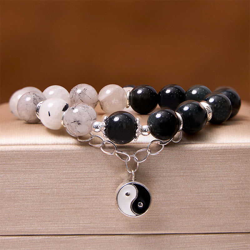 Buddha Stonesシルバーシーンオブシディアンクラックルクリアクォーツ ブラックルチルクォーツ 陰陽蓮華守護ブレスレット