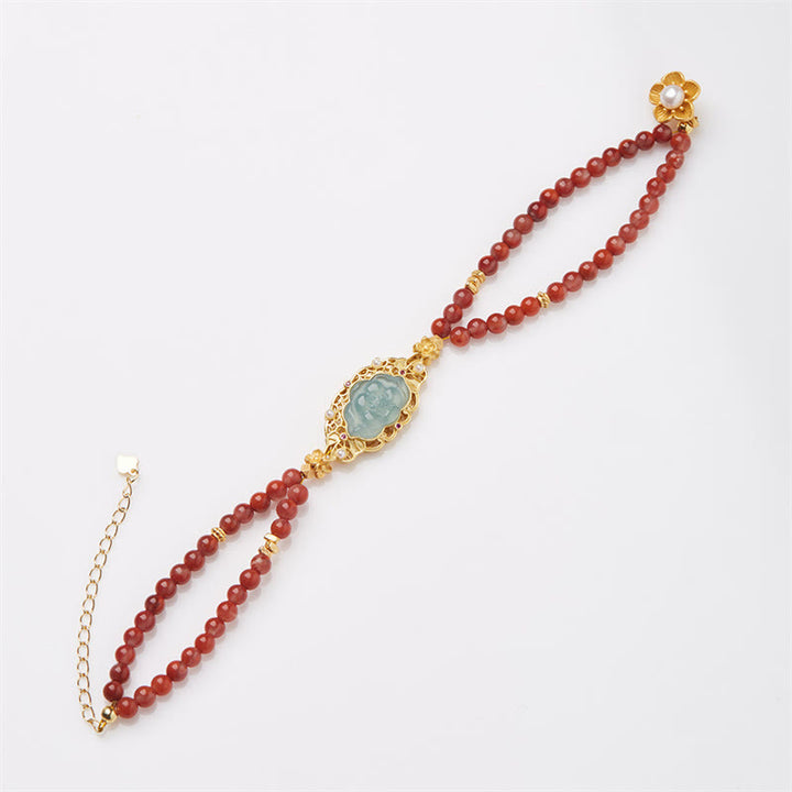 Buddha Stones 925スターリングシルバー ゴールドメッキ 天然レッドアゲート ロータスジェイド カーム ダブルレイヤーブレスレット