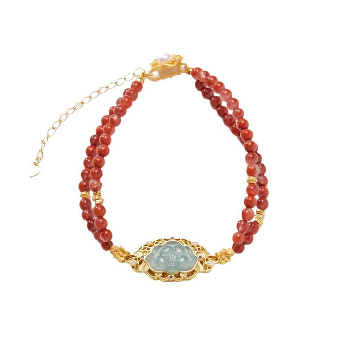 Buddha Stones 925スターリングシルバー ゴールドメッキ 天然レッドアゲート ロータスジェイド カーム ダブルレイヤーブレスレット