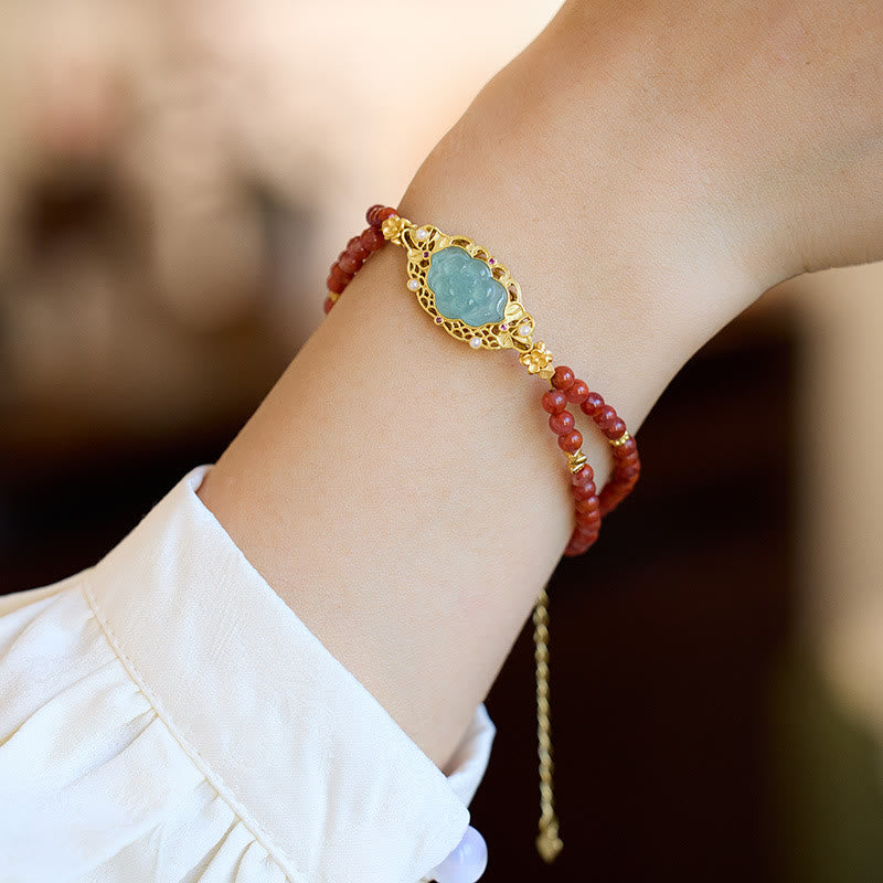 Buddha Stones 925スターリングシルバー ゴールドメッキ 天然レッドアゲート ロータスジェイド カーム ダブルレイヤーブレスレット