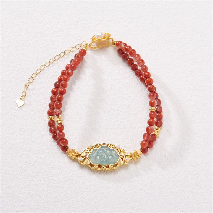 Buddha Stones 925スターリングシルバー ゴールドメッキ 天然レッドアゲート ロータスジェイド カーム ダブルレイヤーブレスレット