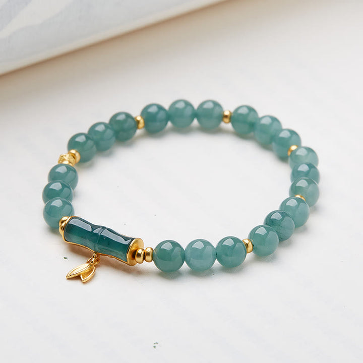 Buddha Stones925スターリングシルバー ゴールドメッキ 天然グリーン翡翠 竹チャーム 幸運ブレスレット
