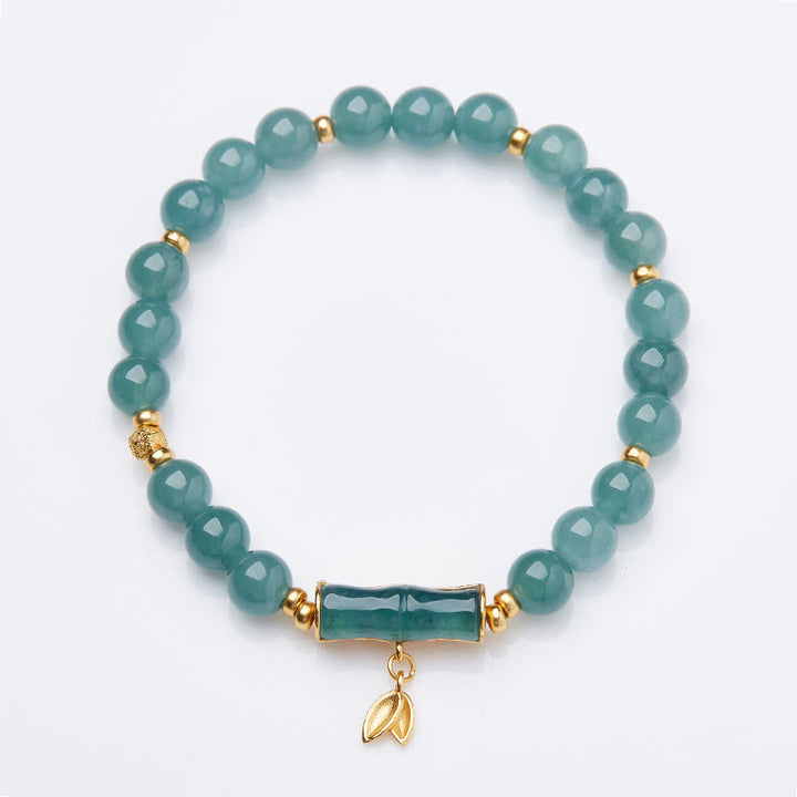 Buddha Stones925スターリングシルバー ゴールドメッキ 天然グリーン翡翠 竹チャーム 幸運ブレスレット