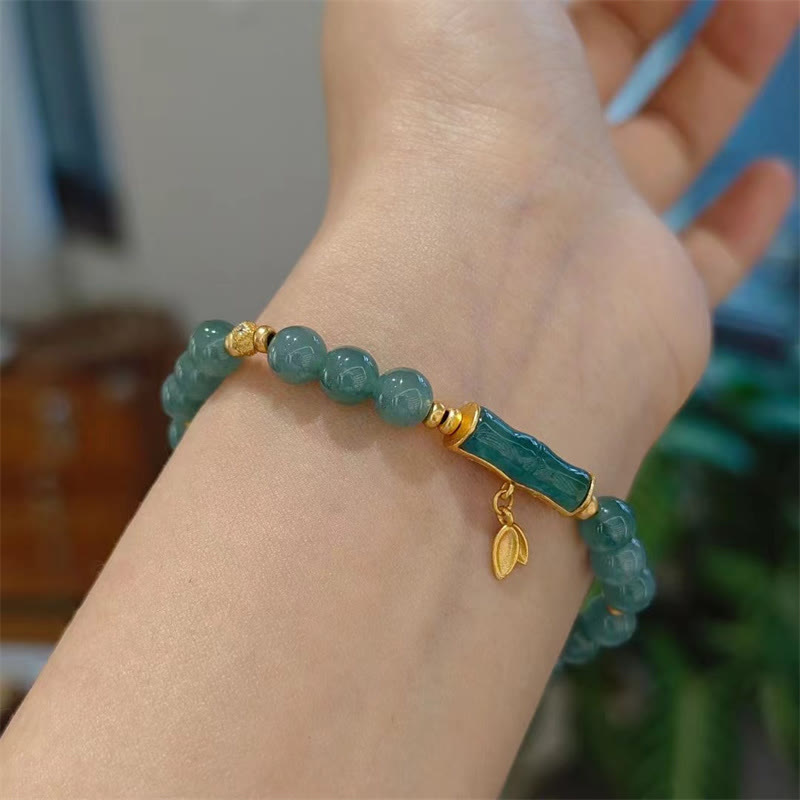 Buddha Stones925スターリングシルバー ゴールドメッキ 天然グリーン翡翠 竹チャーム 幸運ブレスレット