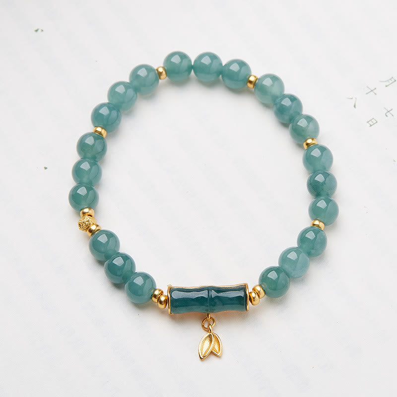 Buddha Stones925スターリングシルバー ゴールドメッキ 天然グリーン翡翠 竹チャーム 幸運ブレスレット