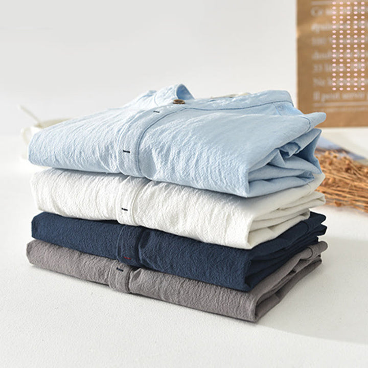 Buddha Stones無地 半袖 ハーフボタンシャツ コットンリネン メンズ 服 - image 1