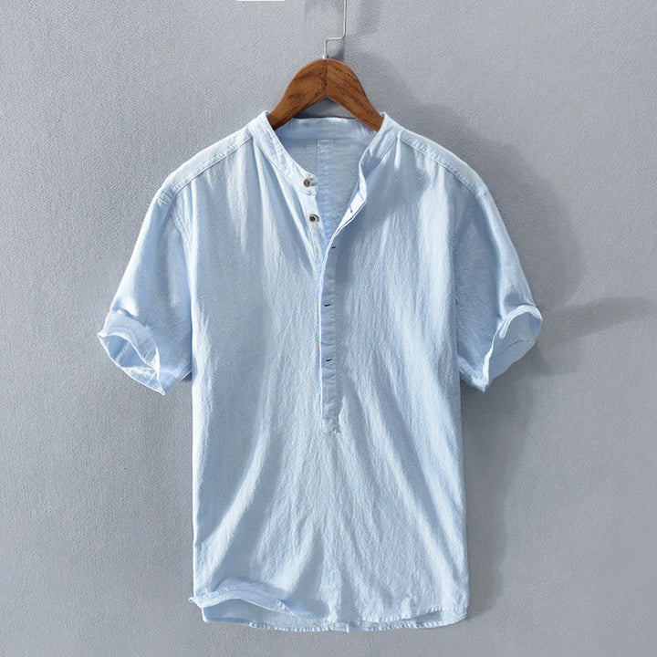 Buddha Stones無地 半袖 ハーフボタンシャツ コットンリネン メンズ 服 - ライトスカイブルー - US/UK/AU42、 EU52 (3XL)  - image 12