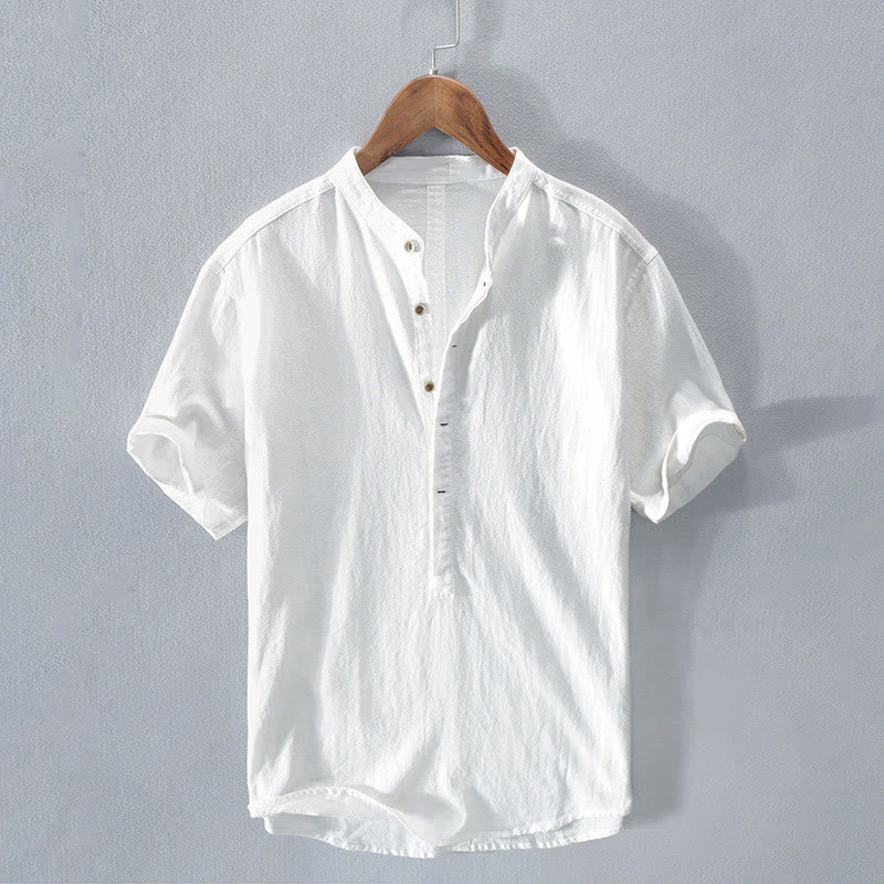 Buddha Stones無地 半袖 ハーフボタンシャツ コットンリネン メンズ 服 - 白 - US/UK/AU42、 EU52 (3XL)  - image 9