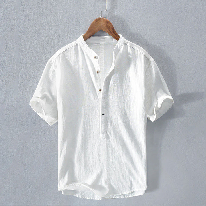 Buddha Stones無地 半袖 ハーフボタンシャツ コットンリネン メンズ 服 - 白 - US/UK/AU42、 EU52 (3XL)  - image 9