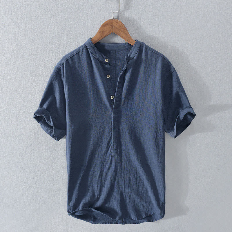 Buddha Stones無地 半袖 ハーフボタンシャツ コットンリネン メンズ 服 - スティールブルー - US/UK/AU42、 EU52 (3XL)  - image 1
