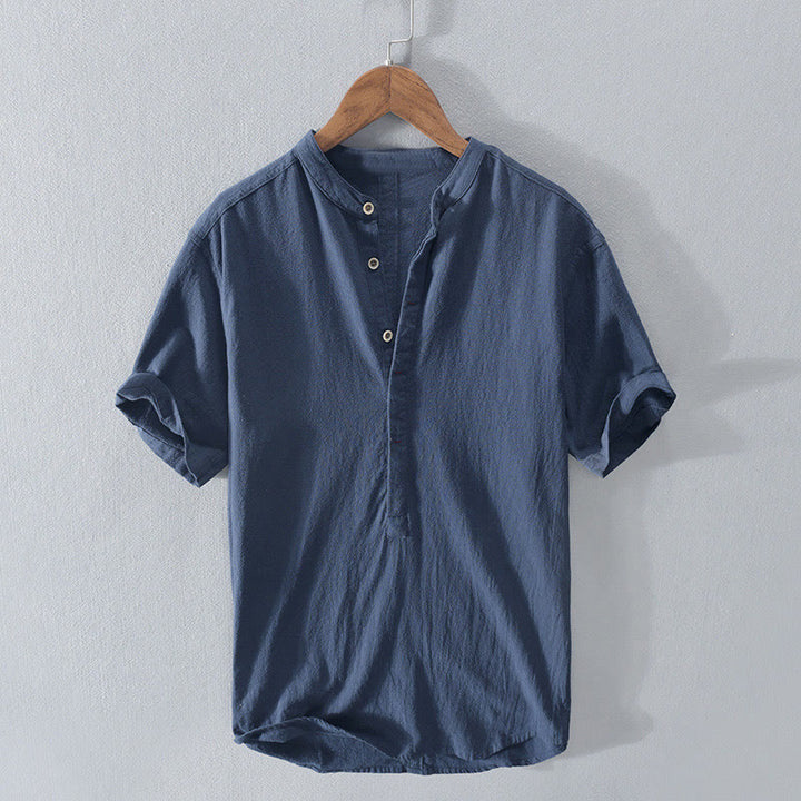 Buddha Stones無地 半袖 ハーフボタンシャツ コットンリネン メンズ 服 - スティールブルー - US/UK/AU42、 EU52 (3XL)  - image 1