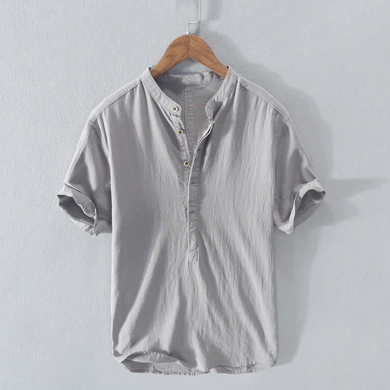 Buddha Stones無地 半袖 ハーフボタンシャツ コットンリネン メンズ 服 - ライトグレー - US/UK/AU42、 EU52 (3XL)  - image 13