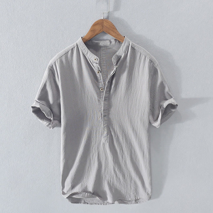 Buddha Stones無地 半袖 ハーフボタンシャツ コットンリネン メンズ 服 - ライトグレー - US/UK/AU42、 EU52 (3XL)  - image 13