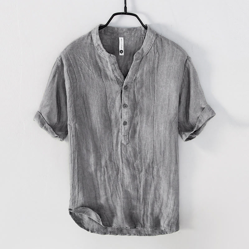 Buddha Stones 無地 半袖 綿麻シャツ メンズ プルオーバー カジュアル 夏用 - 半袖 - グレー - US/UK/AU50、EU60（5XL） - image 0