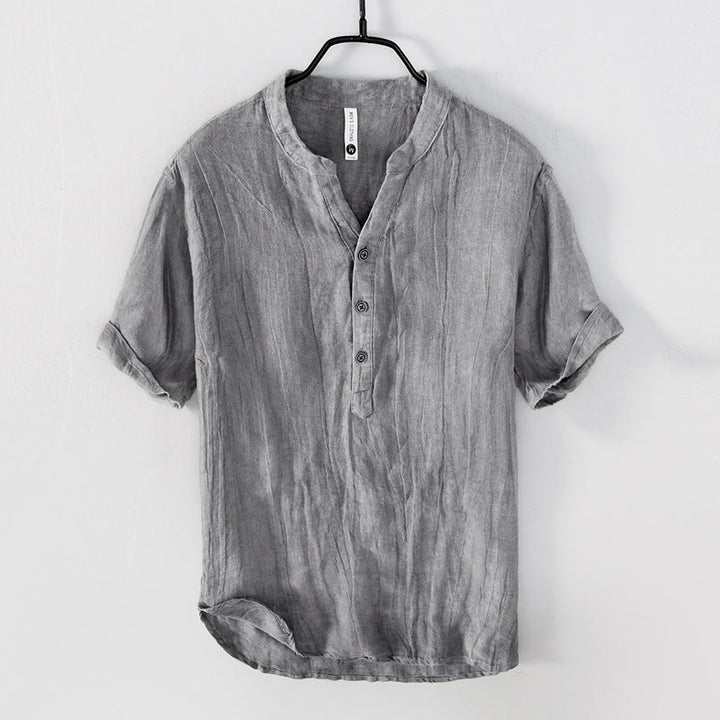 Buddha Stones 無地 半袖 綿麻シャツ メンズ プルオーバー カジュアル 夏用 - 半袖 - グレー - US/UK/AU50、EU60（5XL） - image 0