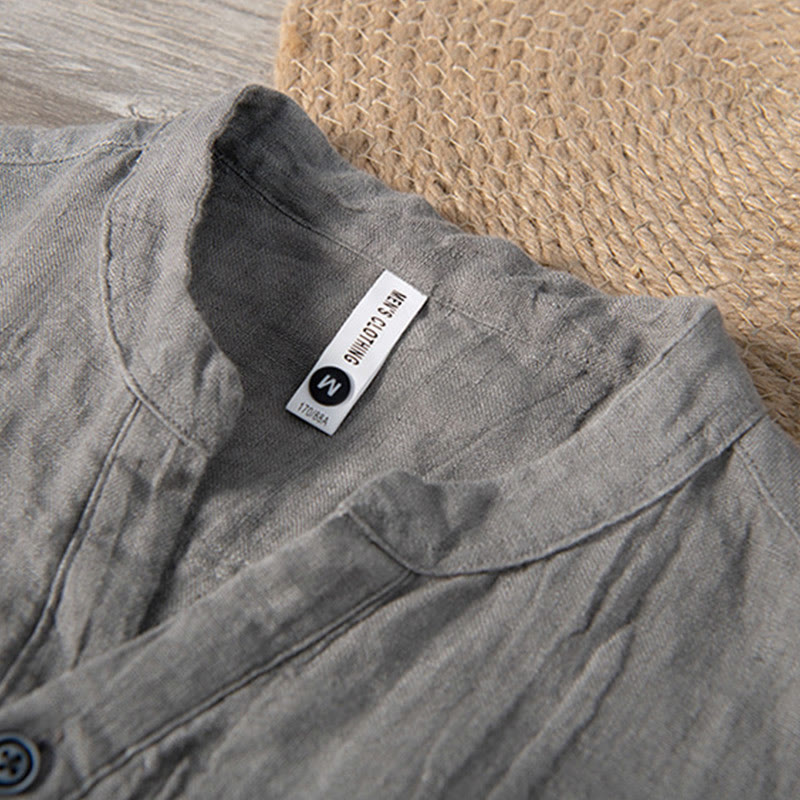 Buddha Stones無地 長袖 ハーフボタンシャツ コットンリネン メンズ 服 - image 3