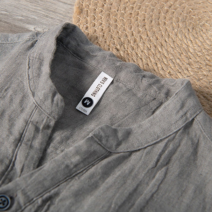 Buddha Stones無地 長袖 ハーフボタンシャツ コットンリネン メンズ 服 - image 3
