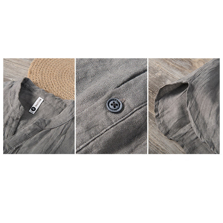 Buddha Stones無地 長袖 ハーフボタンシャツ コットンリネン メンズ 服 - image 8