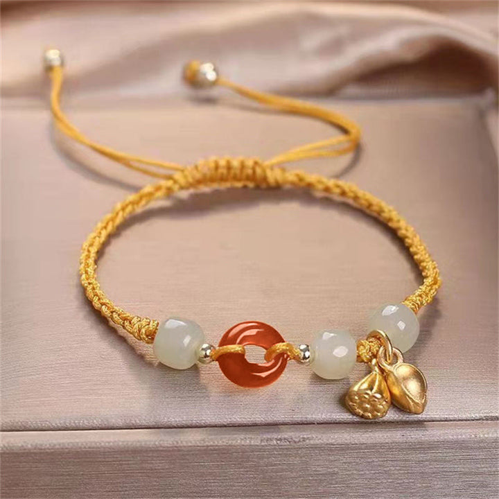 Buddha Stones赤瑪瑙 平和バックル 翡翠 蓮 ヒーリング編みブレスレット