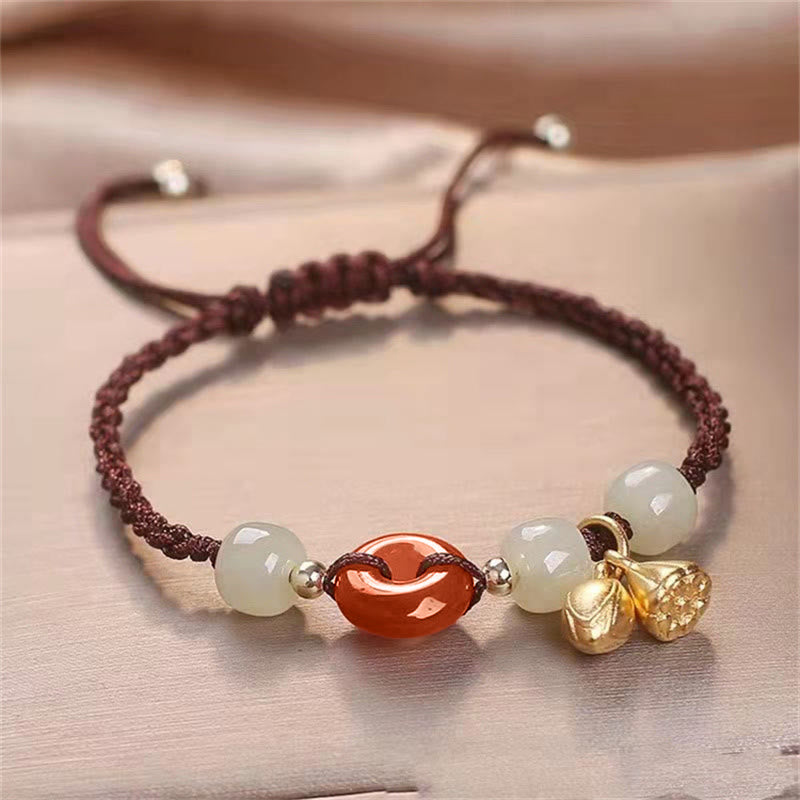Buddha Stones赤瑪瑙 平和バックル 翡翠 蓮 ヒーリング編みブレスレット