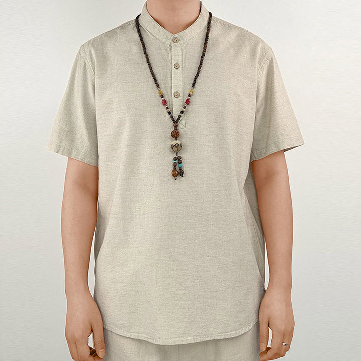Buddha Stones無地 メンズ 半袖 ボタン リネン シャツ - リネン - US/UK/AU44、 EU54 (4XL) - image 8