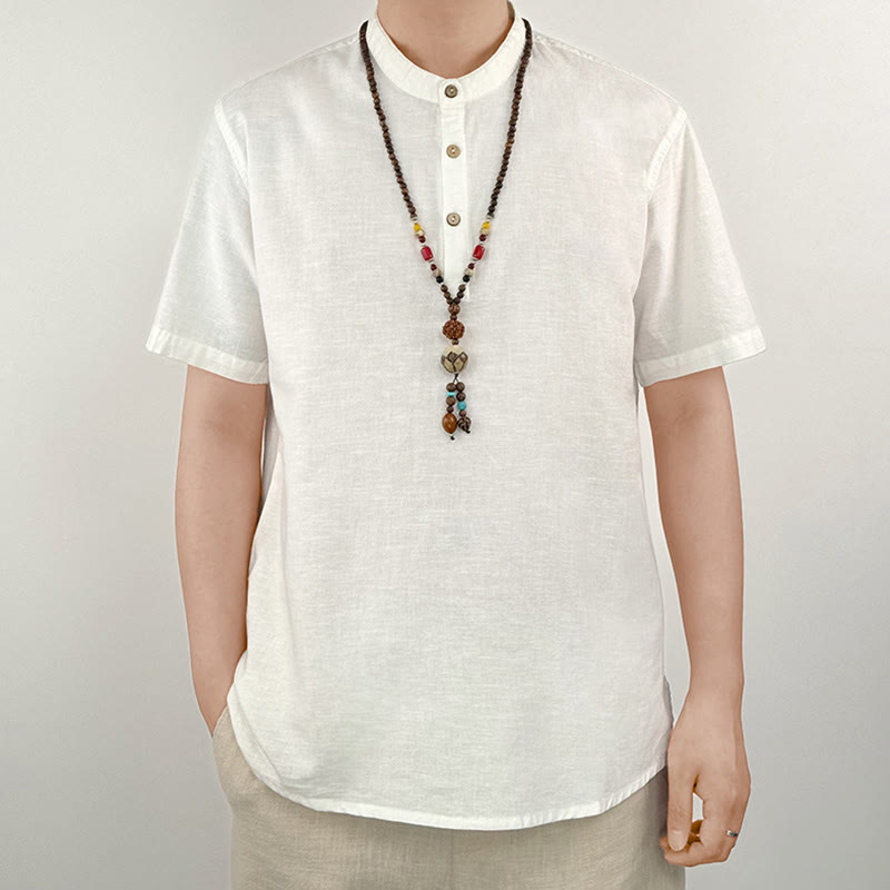 Buddha Stones無地 メンズ 半袖 ボタン リネン シャツ - 白 - US/UK/AU44、 EU54 (4XL) - image 16