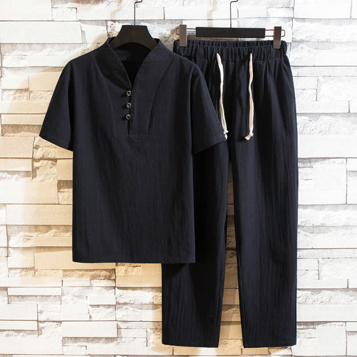 Buddha Stones 2点セット 無地 コットン ボタン 半袖 Tシャツ パンツ メンズ セット - 黒 - US/UK/AU44、EU54 (5XL) - image 10