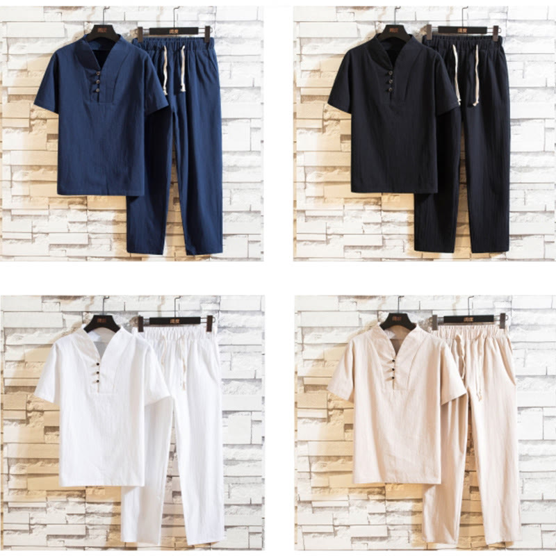 Buddha Stones メンズ 2点セット 無地 コットン 半袖ボタン付きTシャツ＆パンツ