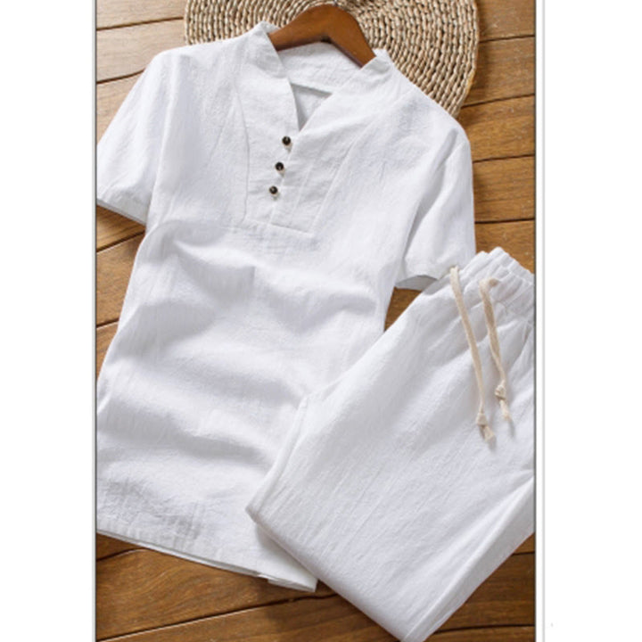 Buddha Stones メンズ 2点セット 無地 コットン 半袖ボタン付きTシャツ＆パンツ