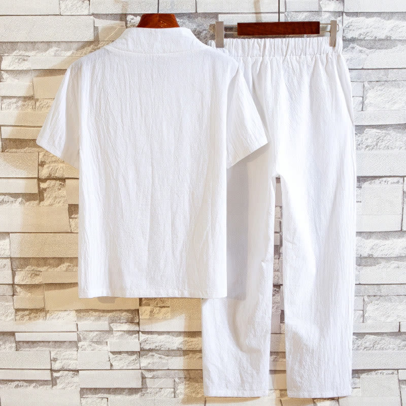 Buddha Stones メンズ 2点セット 無地 コットン 半袖ボタン付きTシャツ＆パンツ