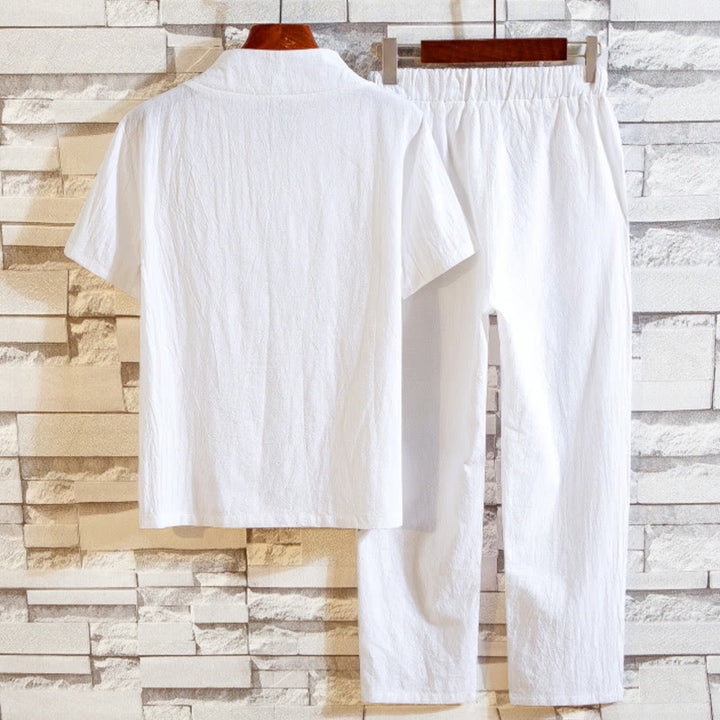 Buddha Stones メンズ 2点セット 無地 コットン 半袖ボタン付きTシャツ＆パンツ