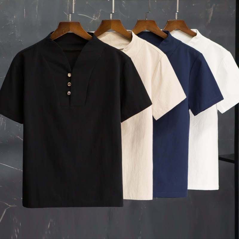 Buddha Stones メンズ 2点セット 無地 コットン 半袖ボタン付きTシャツ＆パンツ