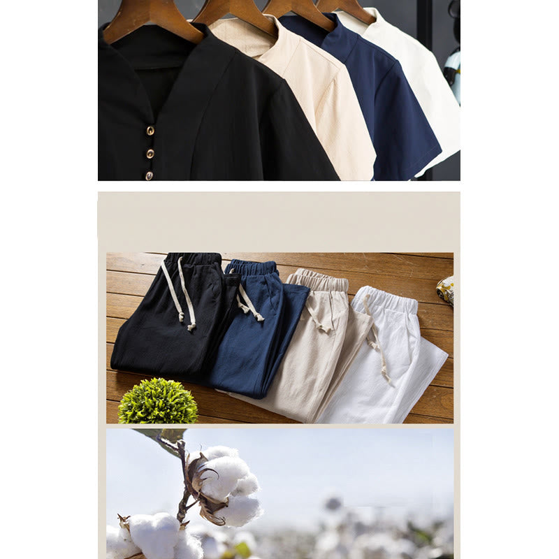 Buddha Stones メンズ 2点セット 無地 コットン 半袖ボタン付きTシャツ＆パンツ