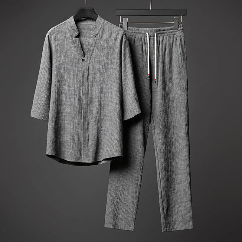 Buddha Stones メンズ 無地 半袖シャツ＆パンツ テクスチャボタン付き 2点セット - グレー - US/UK/AU44、EU54（5XL） - image 0