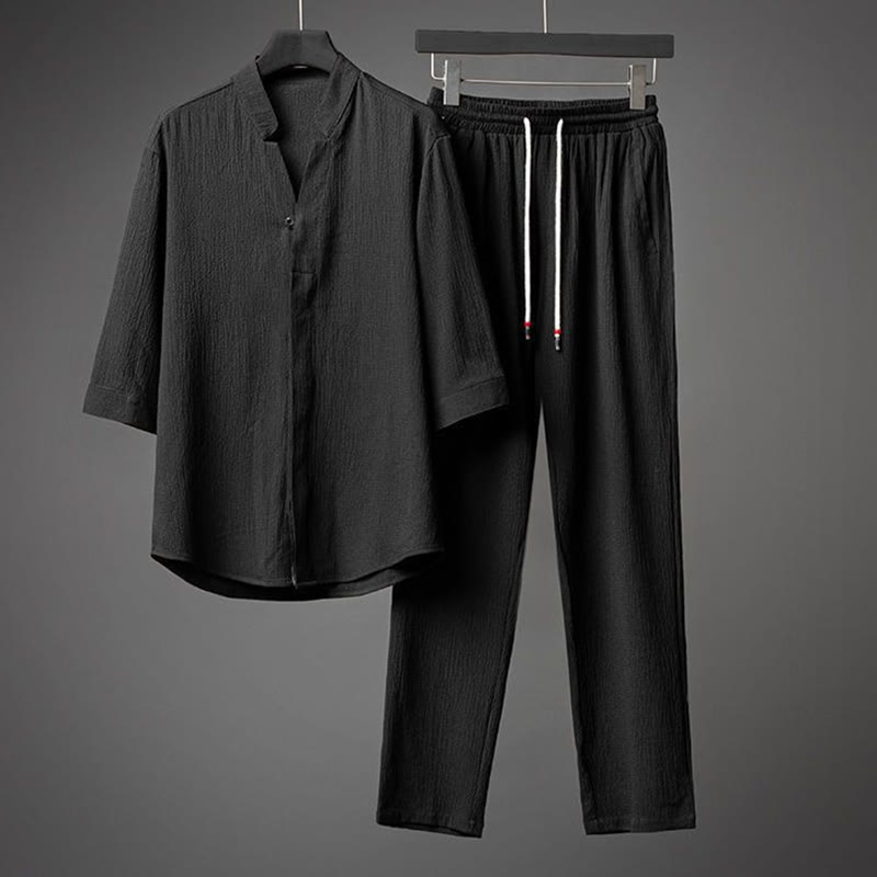 Buddha Stones メンズ 無地 半袖シャツ＆パンツ テクスチャボタン付き 2点セット - 黒 - US/UK/AU44、EU54（5XL） - image 12
