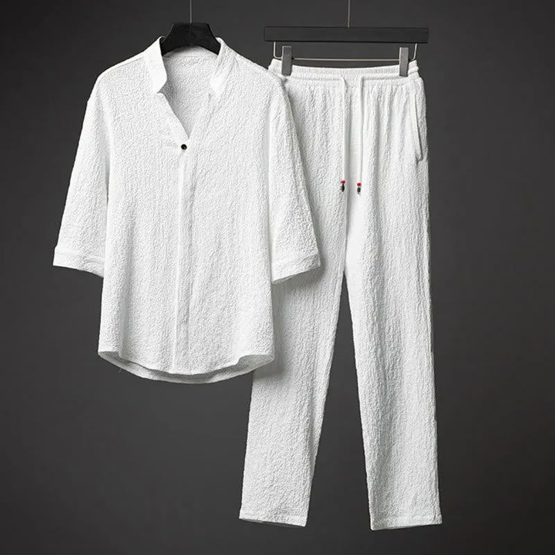 Buddha Stones メンズ 無地 半袖シャツ＆パンツ テクスチャボタン付き 2点セット - 白 - US/UK/AU44、EU54（5XL） - image 2