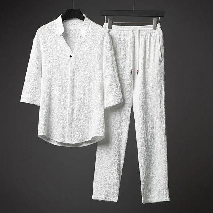 Buddha Stones メンズ 無地 半袖シャツ＆パンツ テクスチャボタン付き 2点セット - 白 - US/UK/AU44、EU54（5XL） - image 2