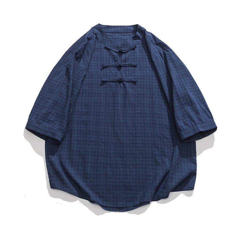 Buddha Stonesカエルボタン チェック柄 中国唐装 半袖シャツ コットンリネン メンズ服