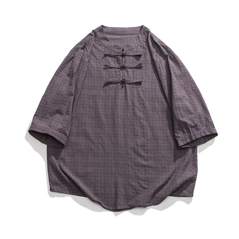 Buddha Stonesカエルボタン チェック柄 中国唐装 半袖シャツ コットンリネン メンズ服